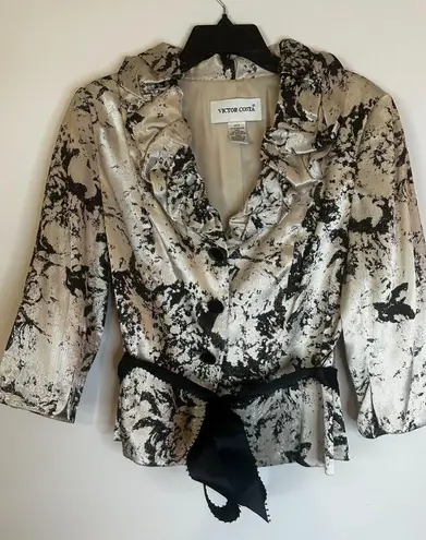 Victor Costa Metallic Jacquard Ruffle Blazer Jacket Size 8 Evening Wear White