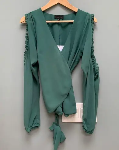 Majorelle  Katya Wrap Blouse in Jade Green Long Sleeve Peekaboo Arms Small