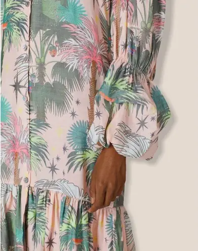 LoboRosa Pink Floral Puff Sleeve Palms Button Front Up Dress Size Large