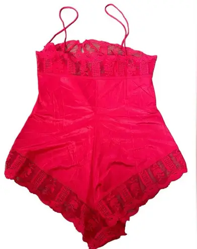 Formfit Vintage 70s Red Sheer Romantic Lace Button Up Lingerie Romper Teddie Size 34