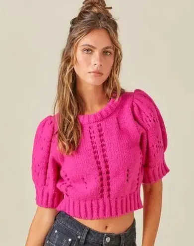 The Moon Day +  puff sleeve crochet knit hot pink knit cropped sweater Medium NEW