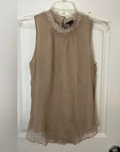 Theory  Taupe and Sparkle Silk Sheer Fringe Tank Top With Detailed Collar