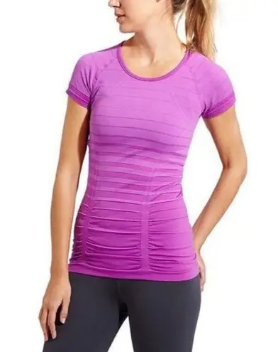 Athleta  Fastest Track Ruched Stripe Tshirt Short Sleeve Pinkish Purple M