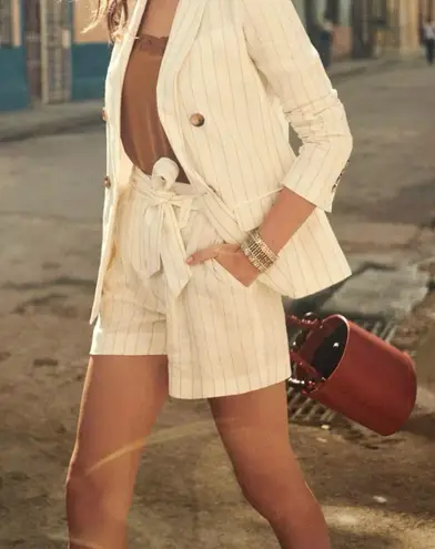 Sézane | Lucas Linen Shorts Ecru Coffee Striped Tie Waist | US 2 French 34