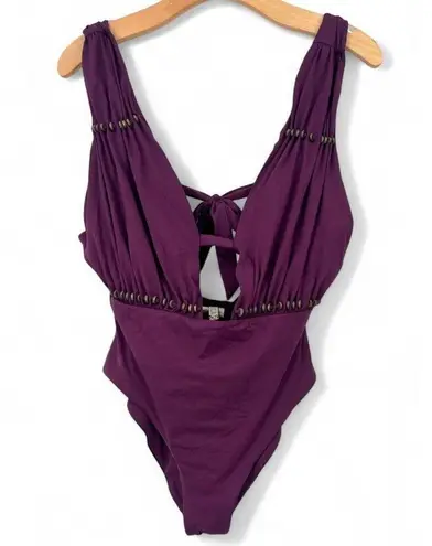 Becca L Reconnect One Piece Swimsuit Burgundy Oxblood Plunging Beaded Charms