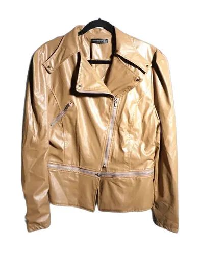 Faux Leather Moto Jacket Tan Adjustable Length Zippers Vegan Womens 16 Oioninos