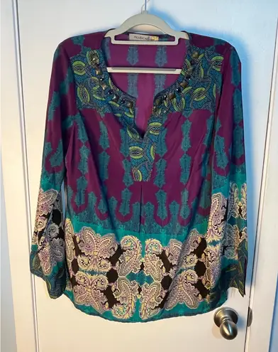Fig and Flower Blouse Small Purple Indie Boho Rhinestones Dressy Artsy