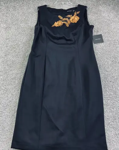 Ellen Tracy Womens 14 Black Sleeveless Sheath Dress With Gold Floral Detail