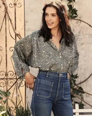 💕DOEN💕 O'Keeffe Top ~ Cream Blue Prancing Fawn Print Medium NWOT