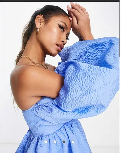 ASOS  Off-Shoulder Textured Edition Mini Dress Blouson Sleeves Blue 10