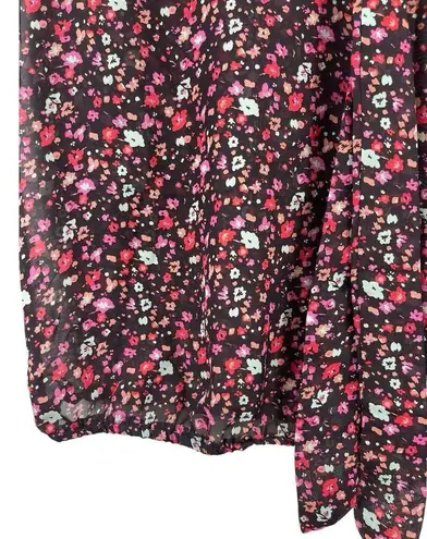 Eyelash Brown Pink Red Floral Fall Sleeveless Sheer Tie Neck Office Casual Top M Size M