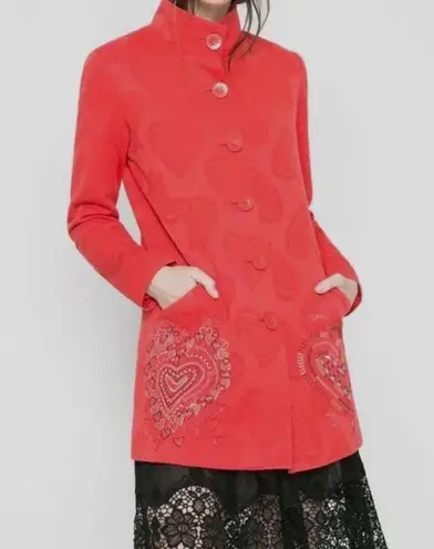 Desigual Red Heart Embroidered Jacquard Long Sleeves Peacoat, Sz Medium