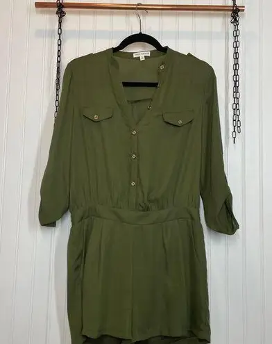 Miss Avenue Women Green Pleated Long Sleeve Pocket Button Romper Size L