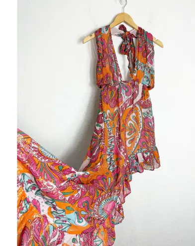 Sundress Amina Dress Size Large Fuchsia orange Print Halter Neck Asymmetric Hem