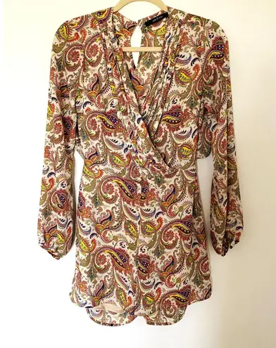 Ark & Co. Multicolor Printed Lined Long Sleeve Open Back Cross Neck Romper Sz M