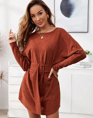 Sweater Dress With Belt Orange Size XS