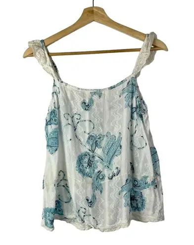 Boutique  White & Blue Floral Button Front Ruffle Sleeveless Tank Top M