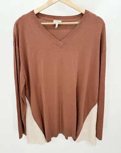 LOGO By Lori Goldstein LOGO Sweater Women XL Brown V-Neck Long Sleeve Knit Swiss Dot Cotton Cashmere