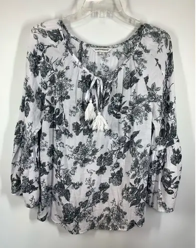 Counterparts Women's Floral Print Tie Front Peasant Blouse White Black Medium - Image 1