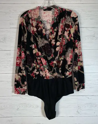 G.I.L.I. Got it Love It G.I.L.I Floral Jetsetter Cross-over Bodysuit Size XS Black Pink Runs Big, fits M