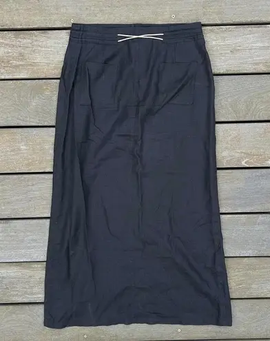 Black 100% Linen Boho Eagle's Eye Maxi Skirt w/ Drawstring Waist and Front Slit Size 8