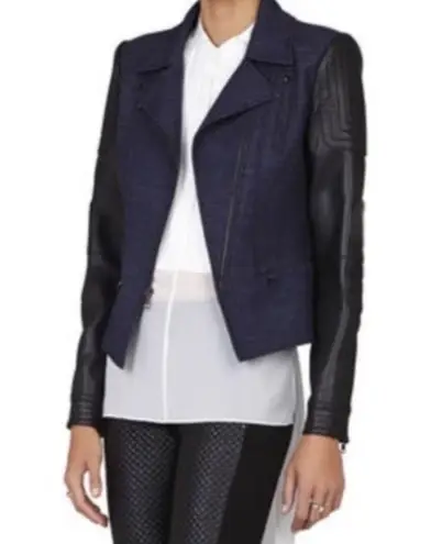 BCBG MAXAZRIA Combo Denim w/ Leather Sleeves Jacket Blue/Black Size M NEW