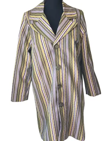 Vintage Jill Houser Green White Striped Trench Coat Size M
