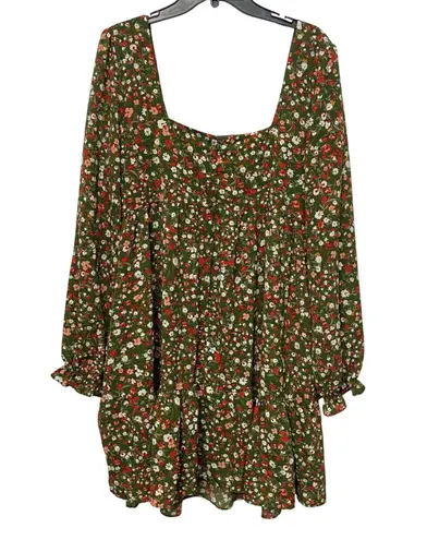 BCBG Paris Floral Print Mini Dress Long Sleeve Square Neck Green Red White Large