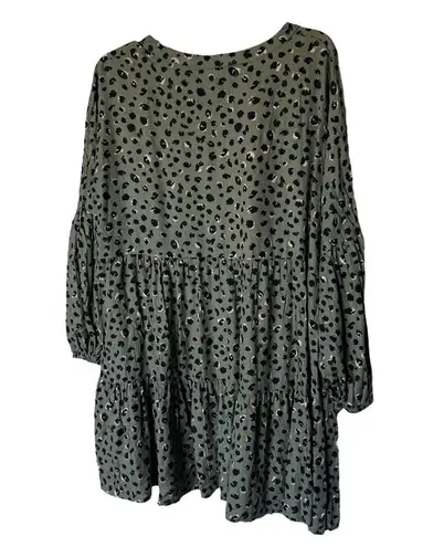 Mud Pie Women’s Flounce Peasant Tiered Green Leopard Animal Print Mini Dress med