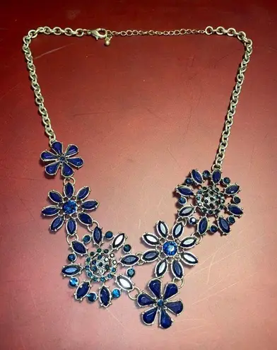 Bib Blue Floral Flowers Statement Necklace Art Deco Design Lobster Adjustable