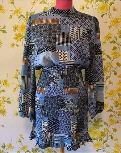 Alice Blue Long sleeve Patchwork Smoked skirt mini dress size M