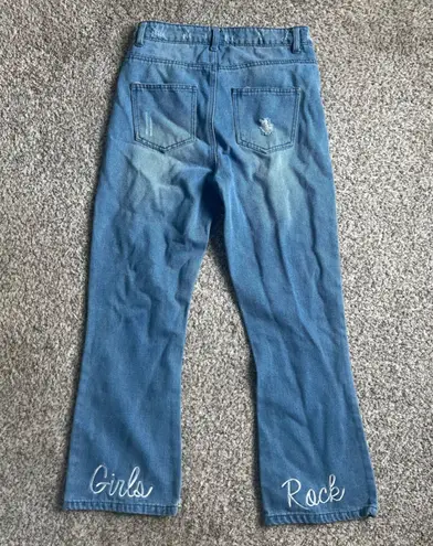 Daisy Street Blue High Rise Cropped Jeans with 'Girls Rock' Embroidery Denim 8