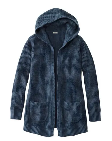 LL Bean Blue Waffle Stitch Hooded Open Cardigan Sweater Pockets Size MEDIUM