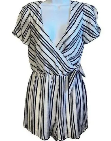 Everly  Blue  White Striped Tie Side Faux  Wrap Romper NWOT Size M