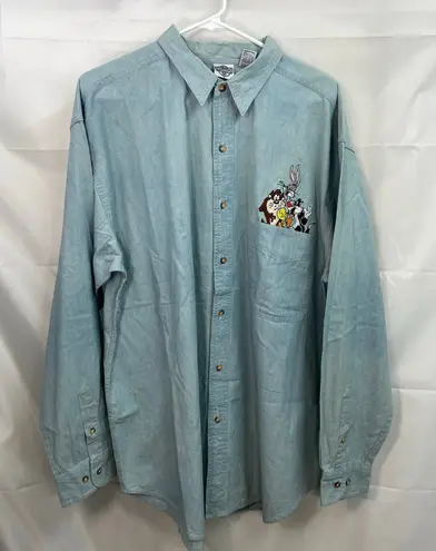 Vintage ACME light wash blue denim embroidered looney tunes button cotton shirt Size XL