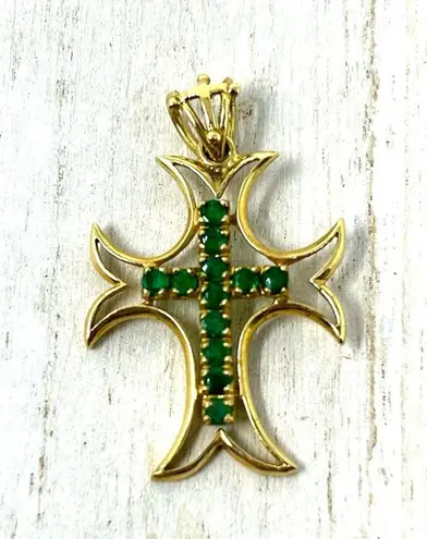 Solid 18K, genuine emeralds cross pendant Gold