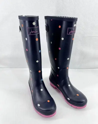 Joules Womens WellyPrint Navy Blue with Polka Dots Rubber Wellington Boots 6