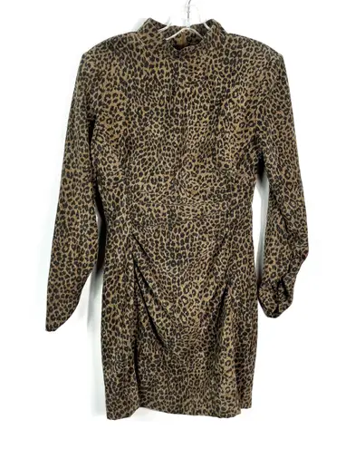 ZARA Corduroy Animal Print Leopard Long Sleeve Ruched Bodycon Dress Small S