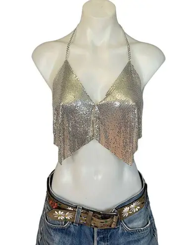 superdown h:ours Chainmail Cowl Halter Top Silver SMALL Metallic Festival Club Rave NEW