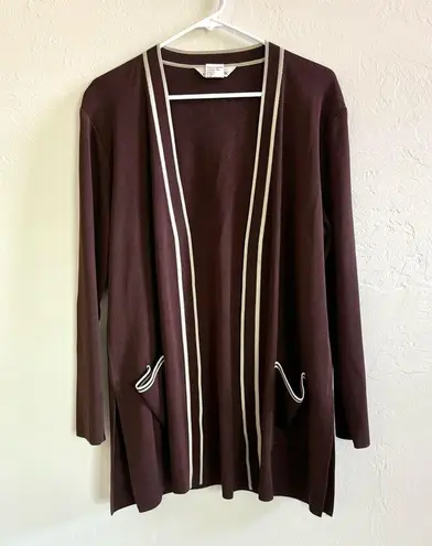 Misook Exclusively  Open Front Long Cardigan Knit Acrylic Jacket M Brown Pockets