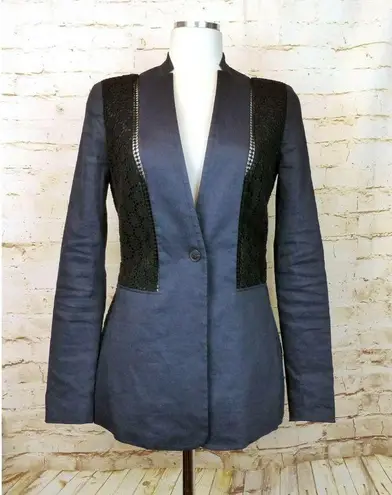 Elie Tahari Bonnie Blue Linen Blend Floral Crochet Lace Panel Blazer US 2 $448