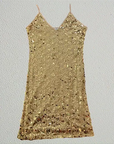 Nude gold sequin tank dress V neck, going out clubwear night out Size M