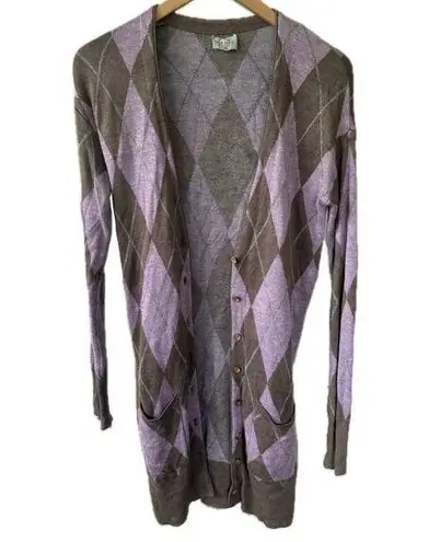Plenty By Tracy Reese Brown Lavender Argyle Button Down Duster Long Cardigan S