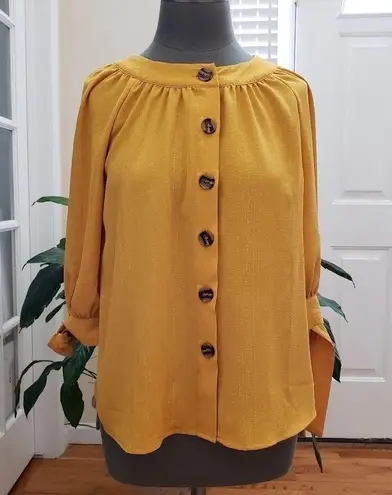 Dress Barn  Mustard Gold Metallic Thread Button Blouse Size XS See Description