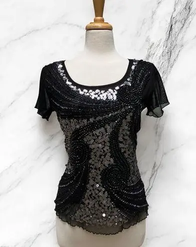 Cartise Embellished Shirt Sz M Black Silver Sequins Beaded Glam Y2K FairyGrunge Size M