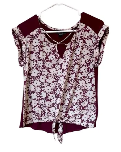 BCX Maroon Floral Tie Front Blouse Criss Cross Neck – Juniors Medium