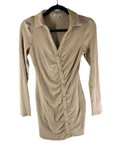 Crescent Shirt Dress Ribbed Button Detail Long Sleeve Bodycon Stretch Beige M