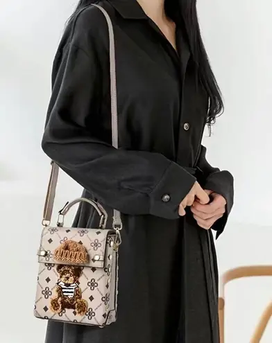 Fluffy Bear Decor Top Handle Purse, Faux Leather, Removable strap. Green strap Tan