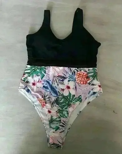 One Piece High Cut Swimsuit Black Floral See Through Mesh Size XL Beach Vacation