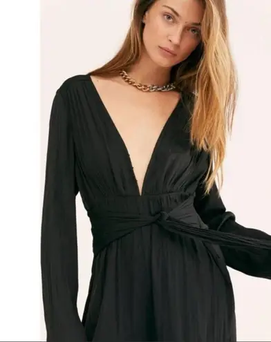 Free People  Jumpsuit Black Satin Long Sleeve Wide Leg Tie Waist Womens Size 2